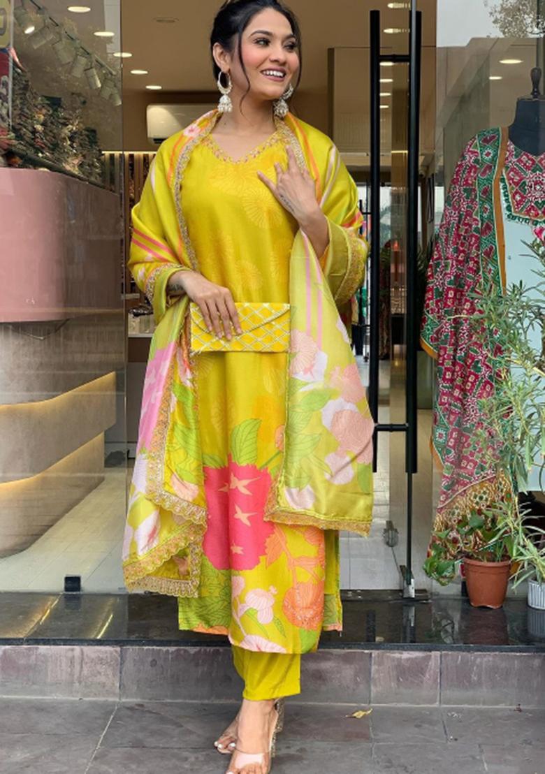 Yellow Embroidered Crepe Kurta Set