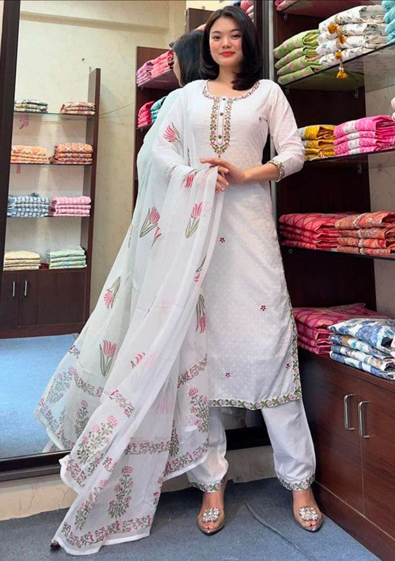 White Embroidered Georgette Punjabi Suit - Indya