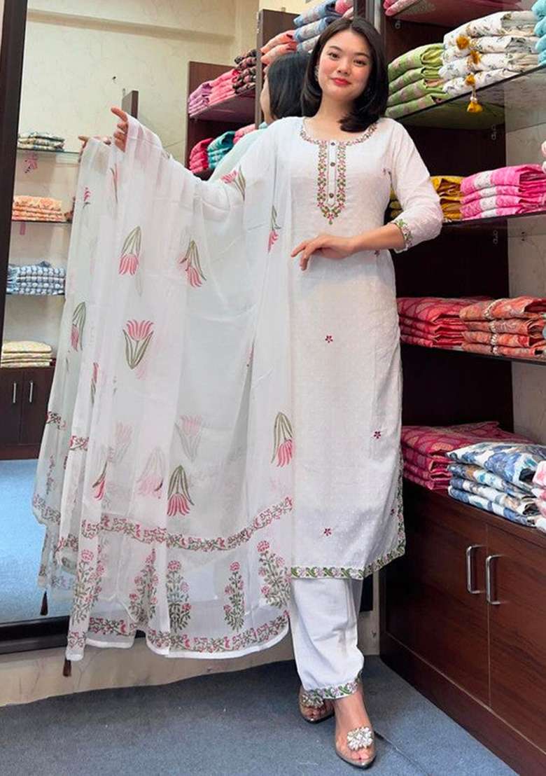 White Embroidered Georgette Punjabi Suit - Indya