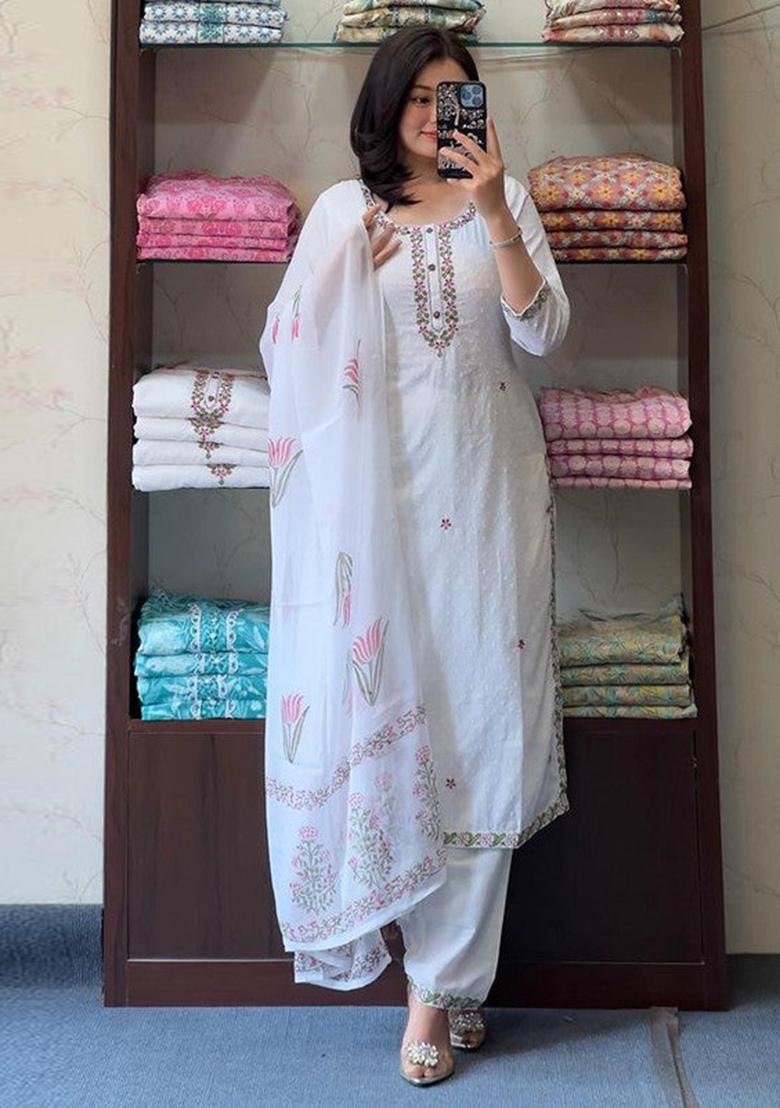White Embroidered Georgette Kurta Set
