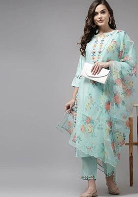 Sky Blue Embroidered Rayon Kurta Set