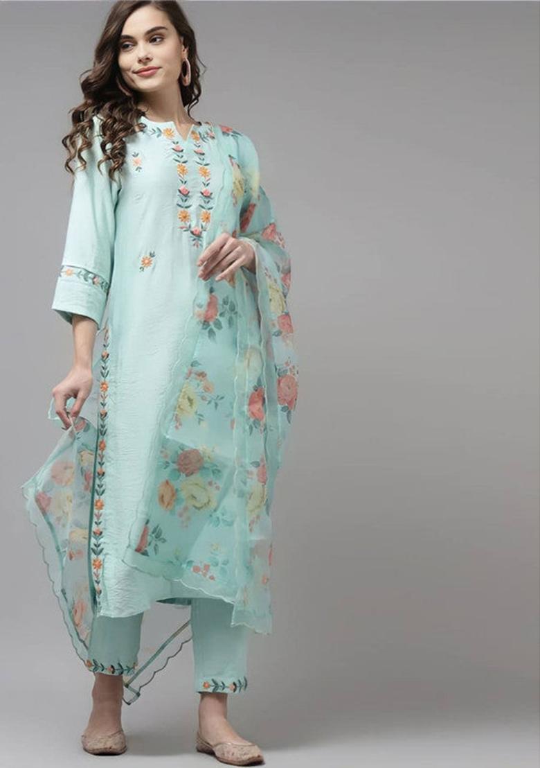 Sky Blue Embroidered Rayon Kurta Set