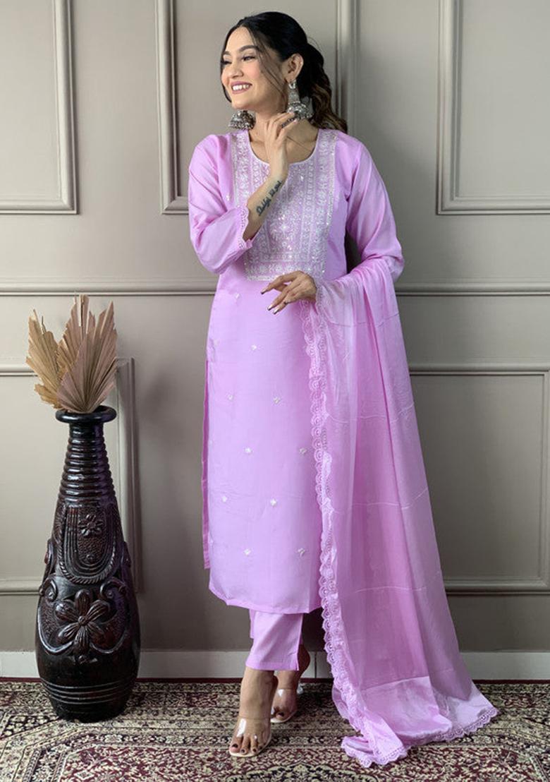Lavender Embroidered Viscose Kurta Set