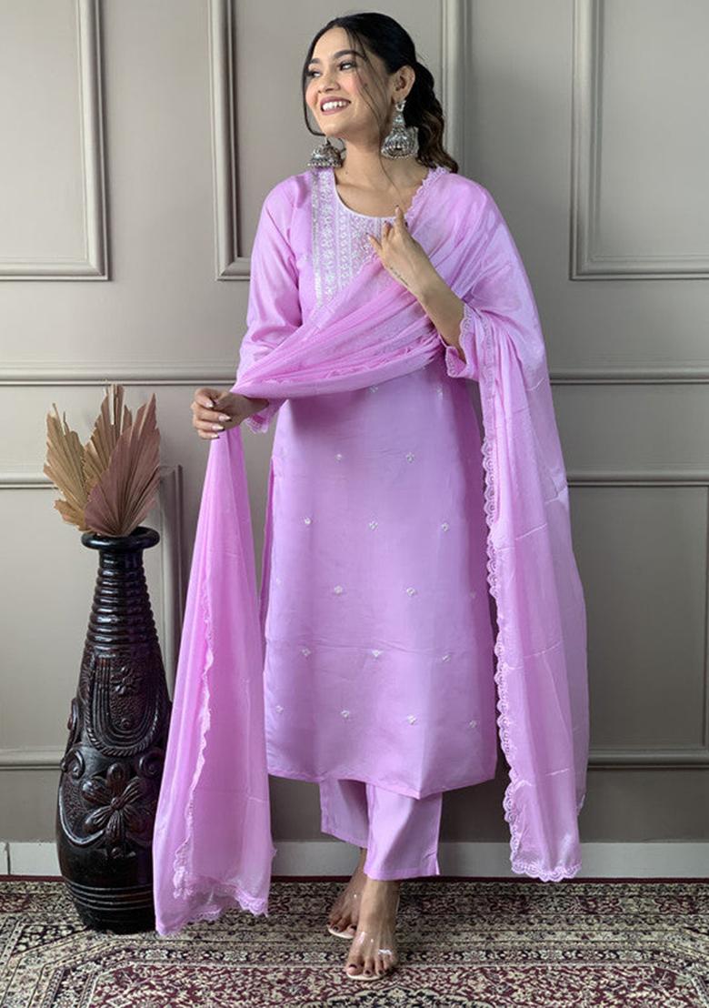 Lavender Embroidered Viscose Kurta Set