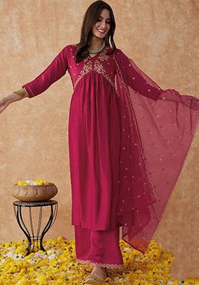Pink Embroidered Vichitra Kurta Set