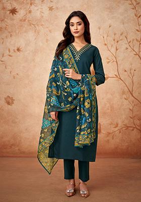 Blue Embroidered Viscose Kurta Set