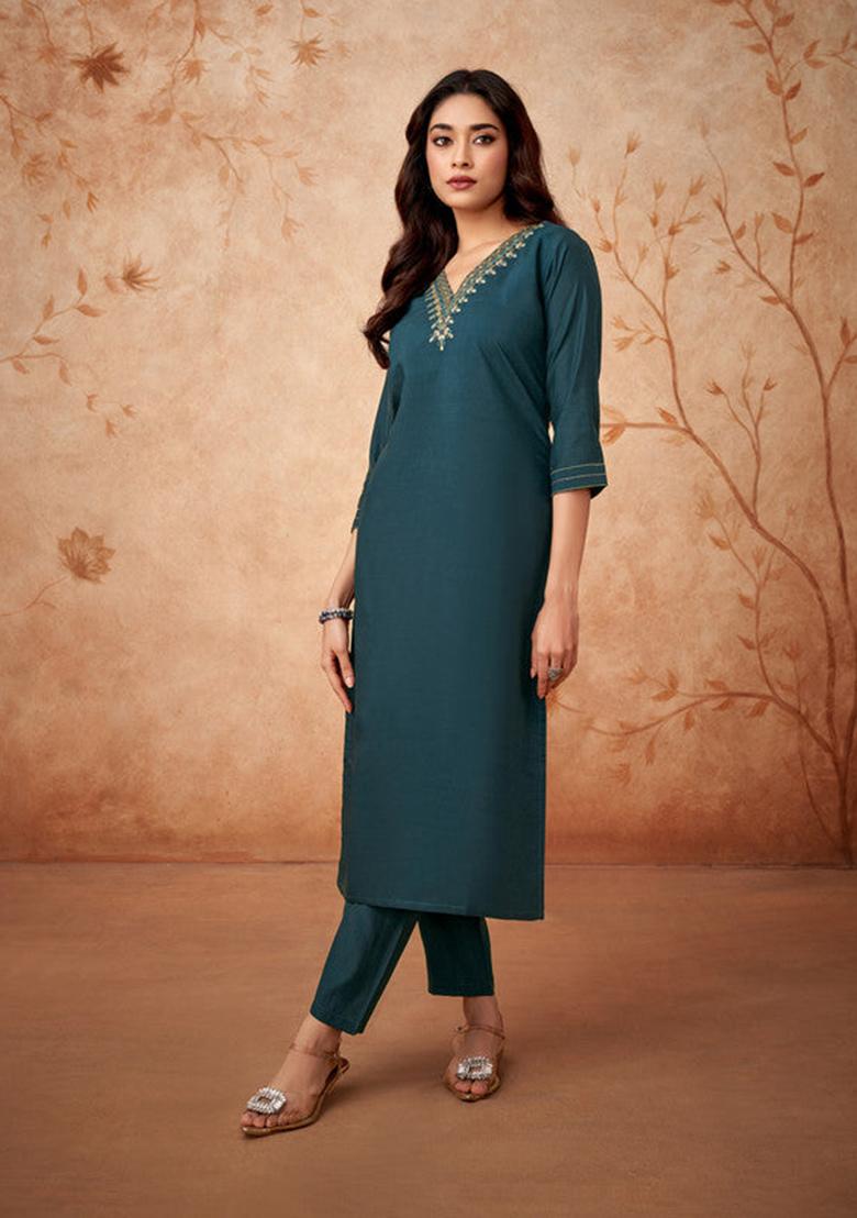 Blue Embroidered Viscose Kurta Set