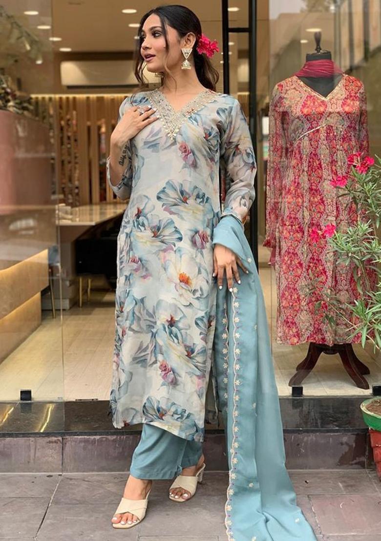 Grey Embroidered Organza Kurta Set