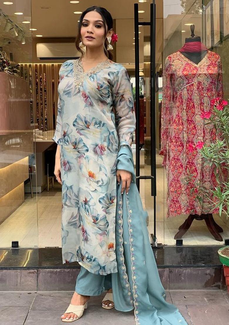 Grey Embroidered Organza Kurta Set