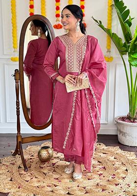 Peach Embroidered Viscose Kurta Set