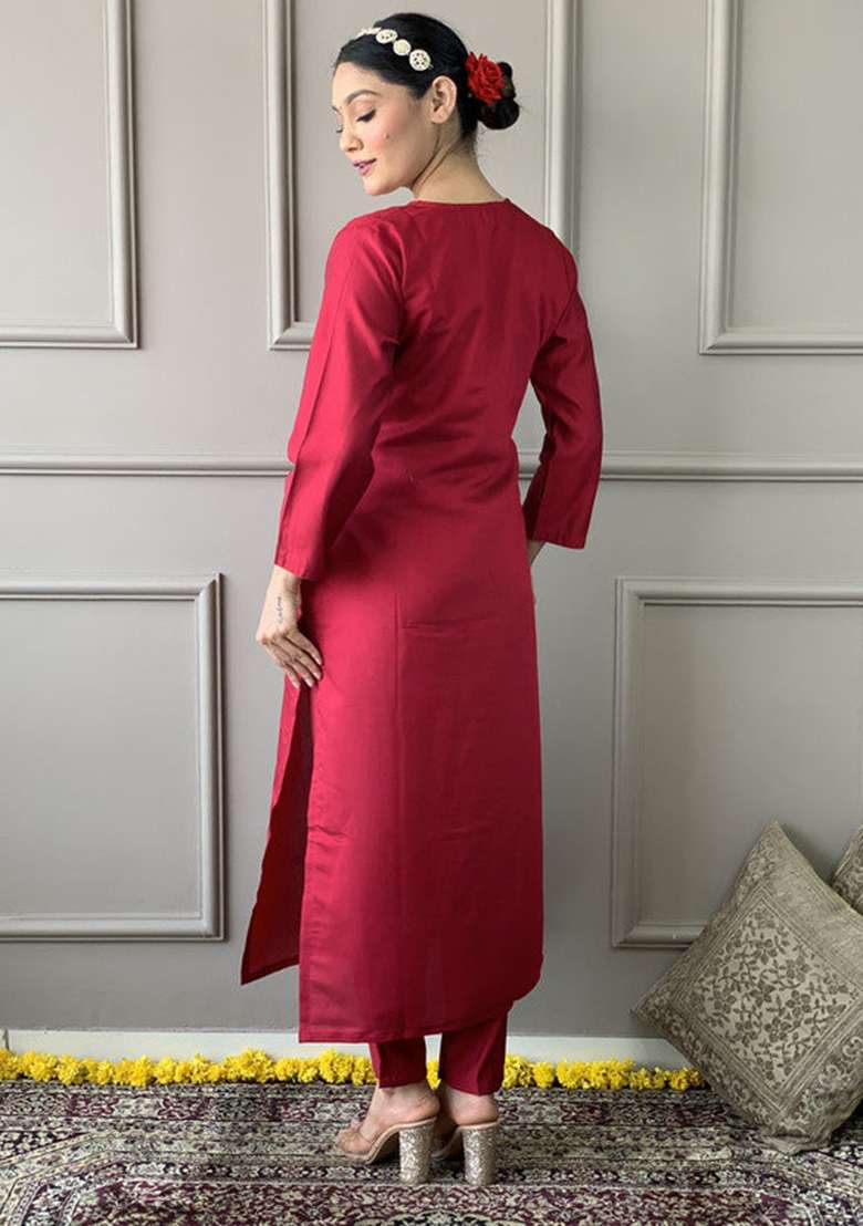 Pink Embroidered Viscose Kurta Set - Indya
