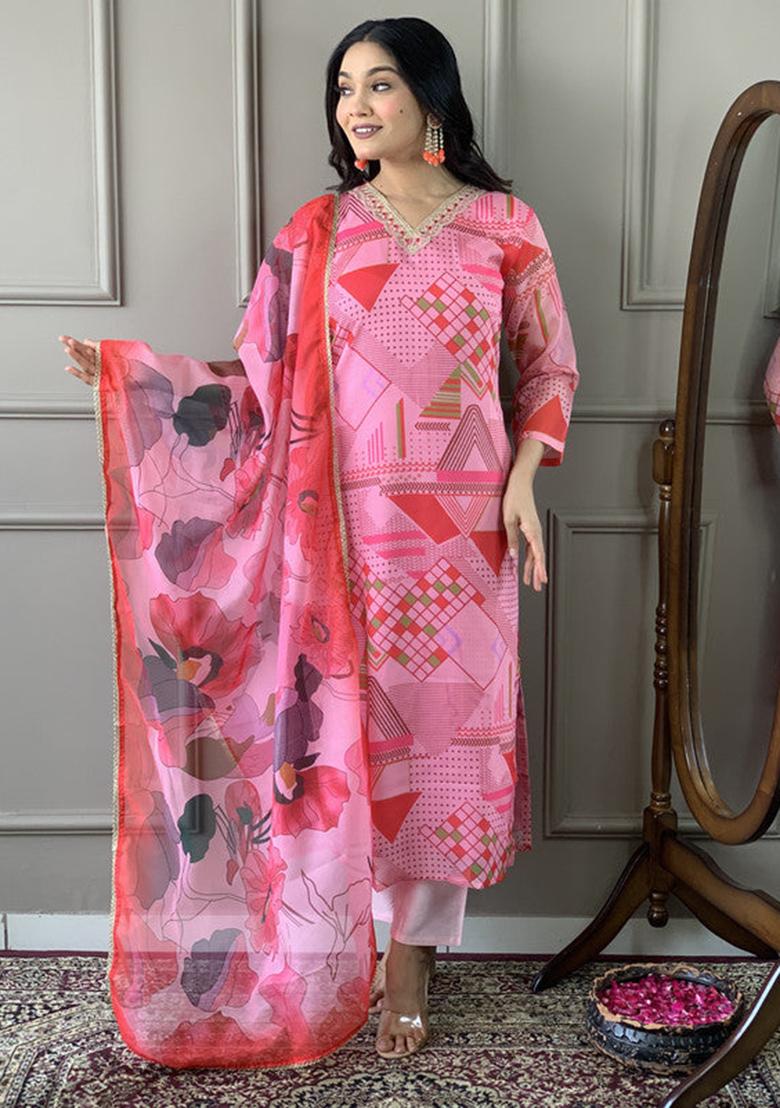 Pink Embroidered Viscose Kurta Set