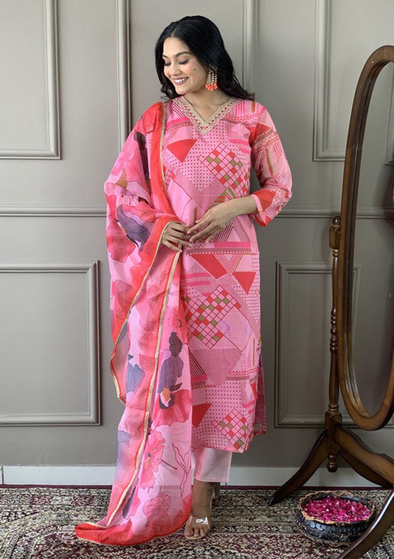 Pink Embroidered Viscose Kurta Set