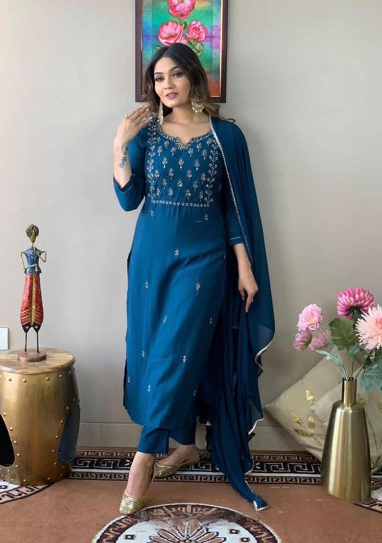 Blue Embroidered Rayon Kurta Set