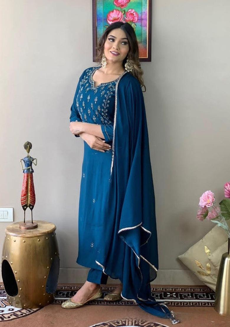 Blue Embroidered Rayon Kurta Set