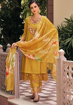 Yellow Embroidered Muslin Kurta Set