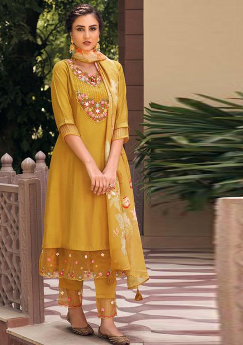 Yellow Embroidered Muslin Kurta Set