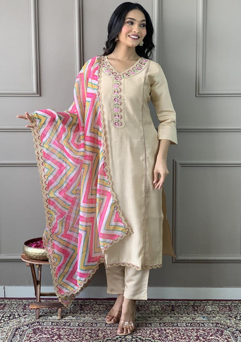 Brown Embroidered Viscose Kurta Set