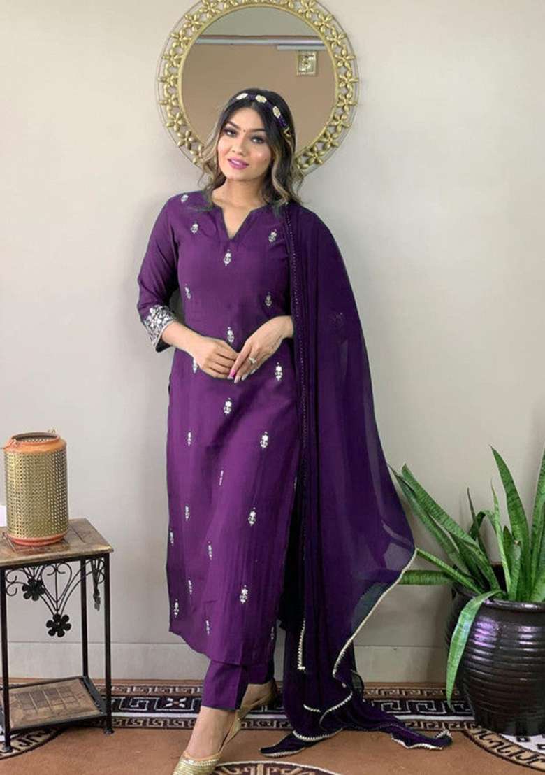 Purple Embroidered Rayon Straight Kurta Set - Indya
