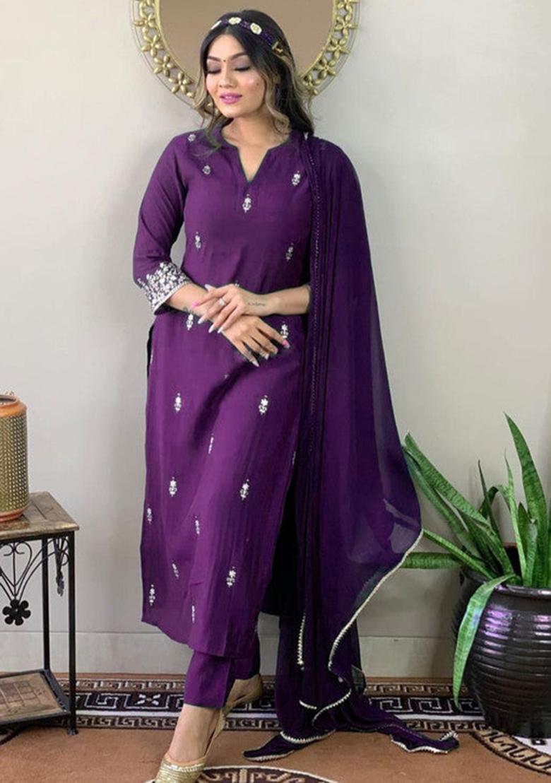 Purple Embroidered Rayon Kurta Set