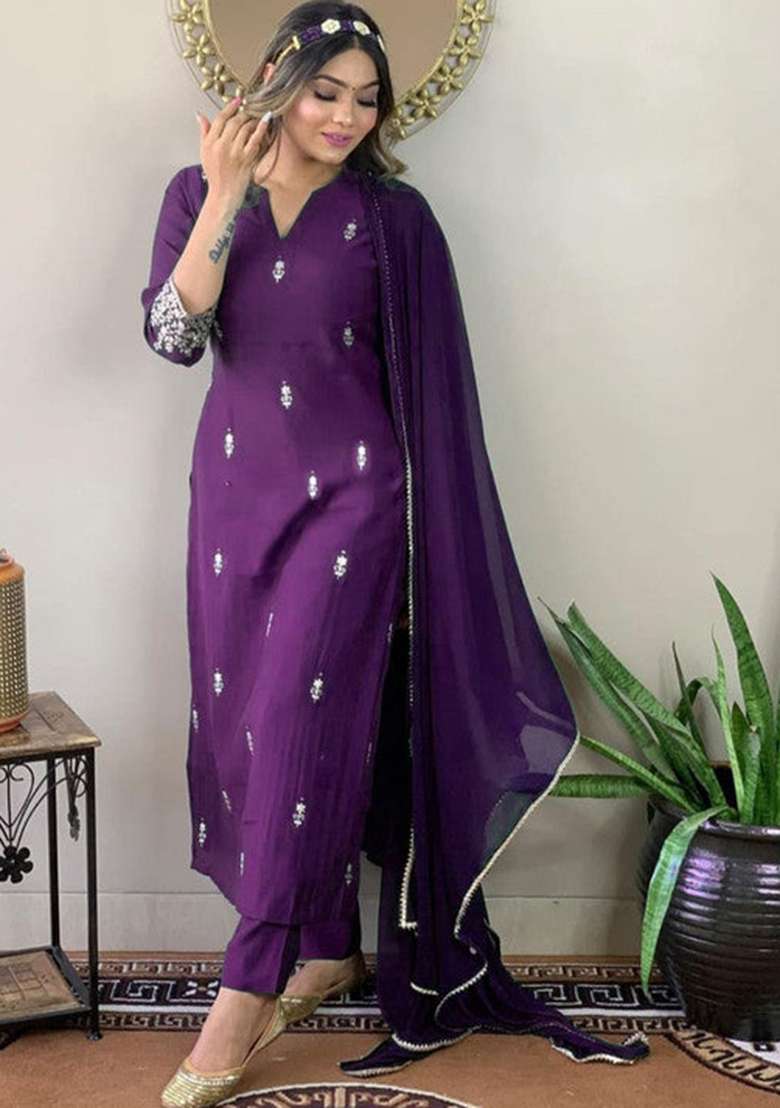 Purple Embroidered Rayon Straight Kurta Set - Indya