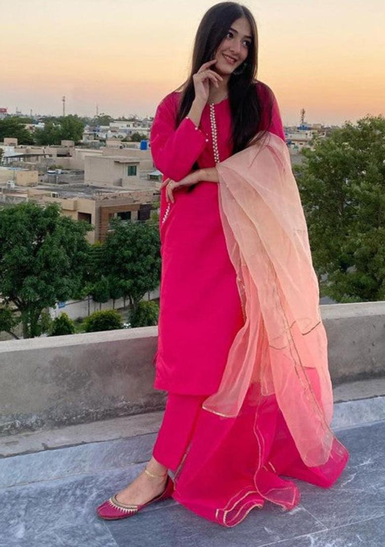 Pink Embroidered Viscose Kurta Set