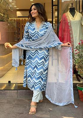 Blue Embroidered Muslin Kurta Set