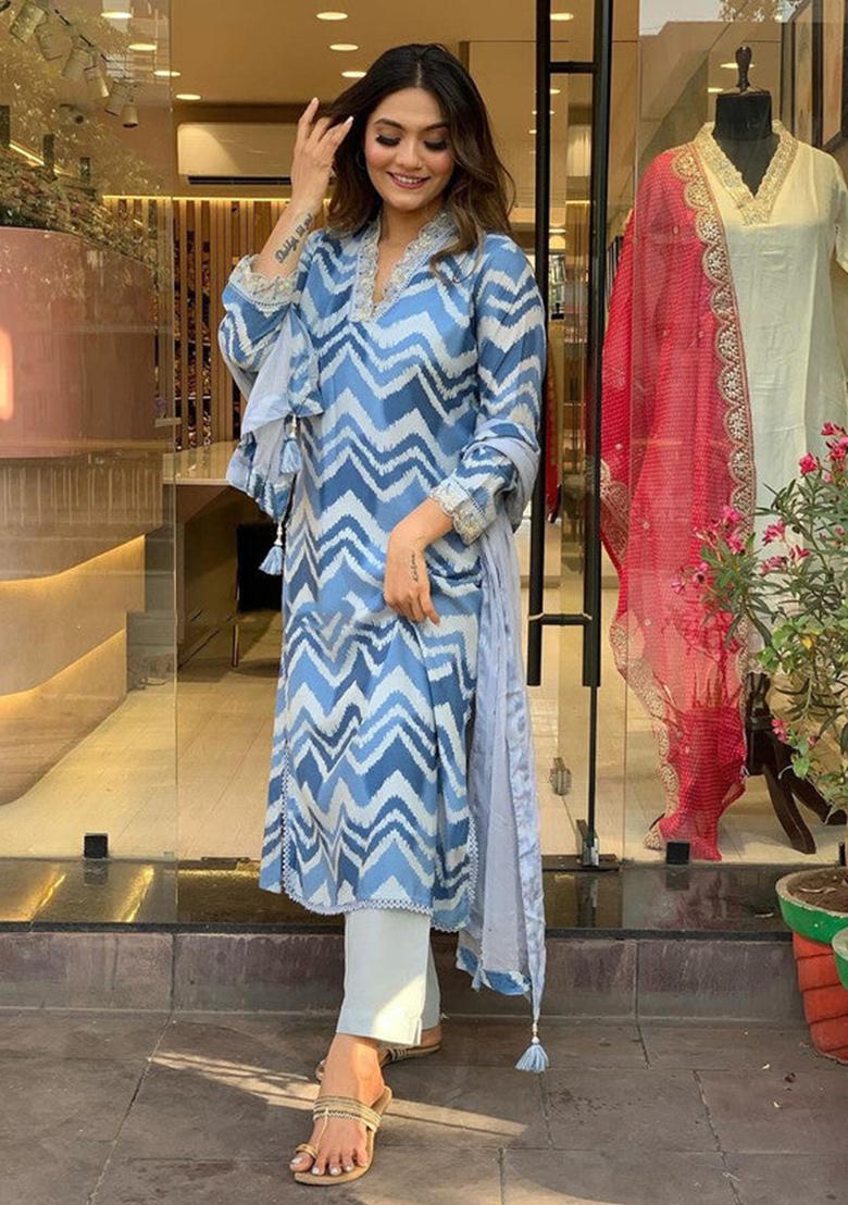 Blue Embroidered Muslin Kurta Set