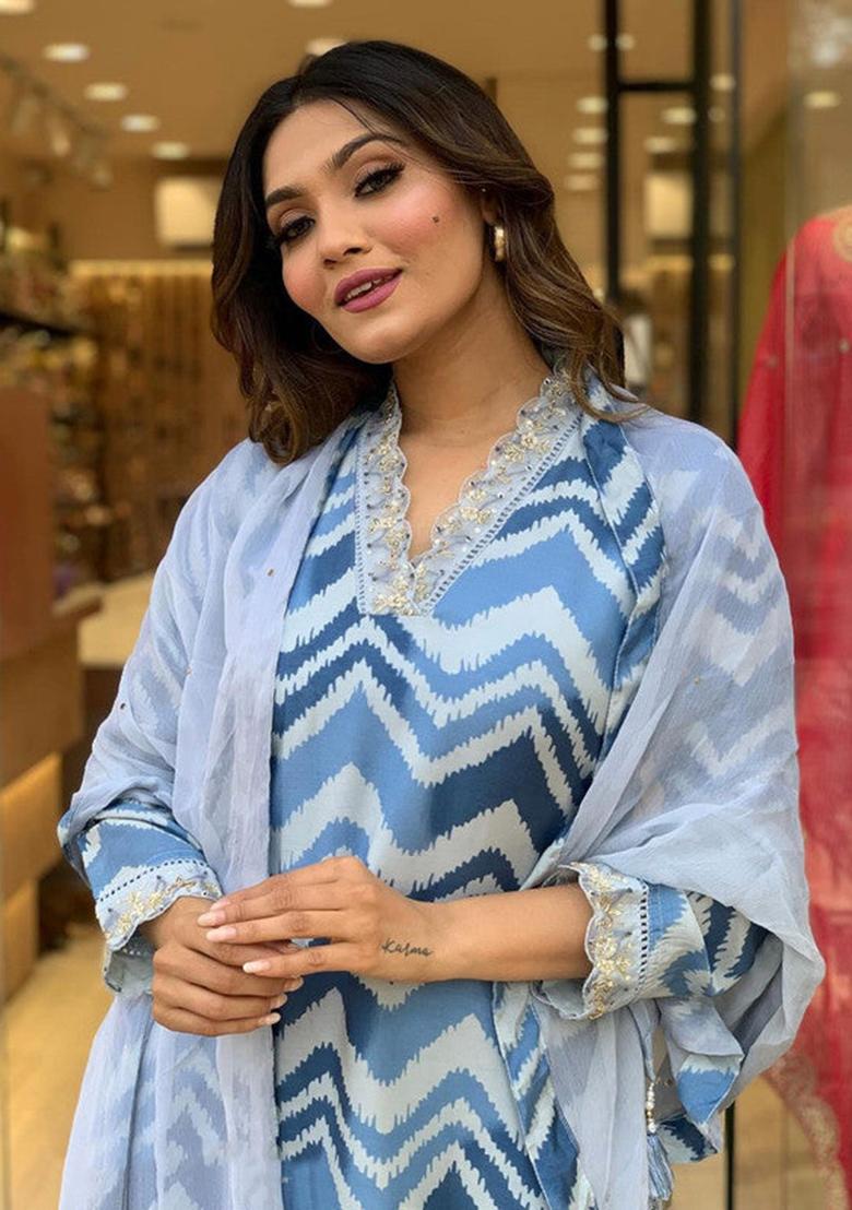 Blue Embroidered Muslin Kurta Set