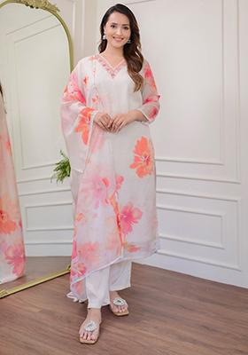 White Embroidered Organza Kurta Set