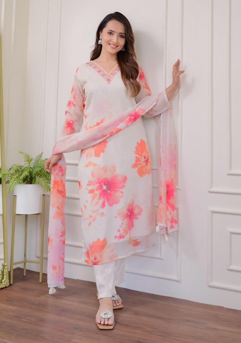 White Embroidered Organza Kurta Set