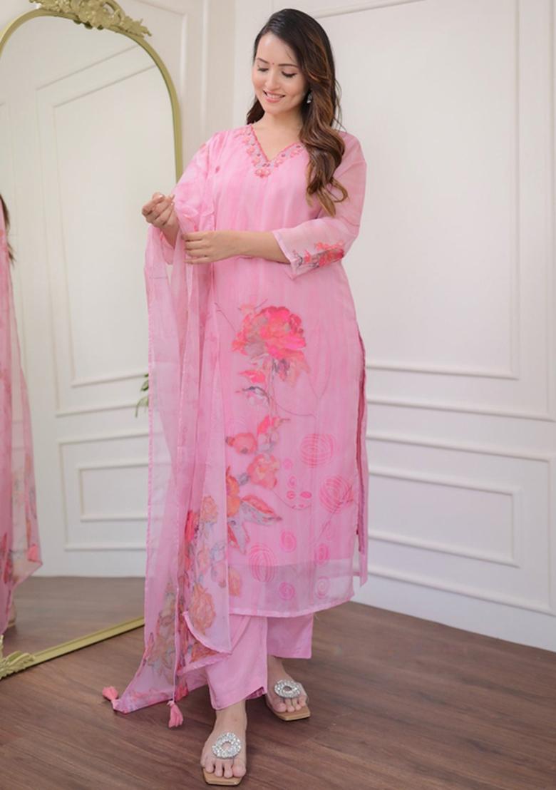 Pink Embroidered Organza Kurta Set