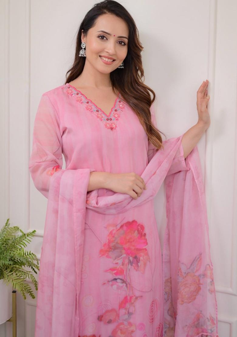 Pink Embroidered Organza Kurta Set