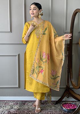 Yellow Embroidered Viscose Kurta Set