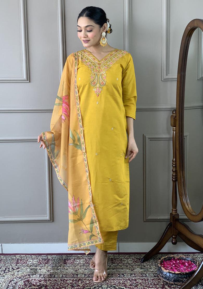Yellow Embroidered Viscose Kurta Set