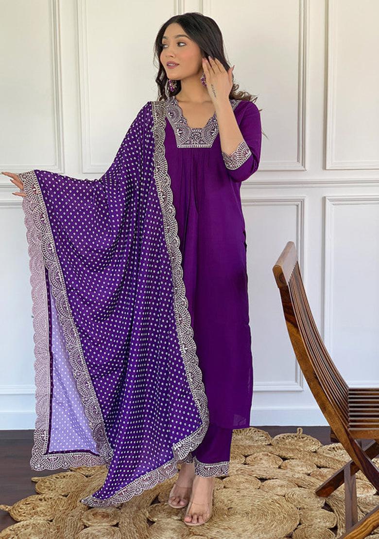 Maroon Embroidered Viscose Kurta Set