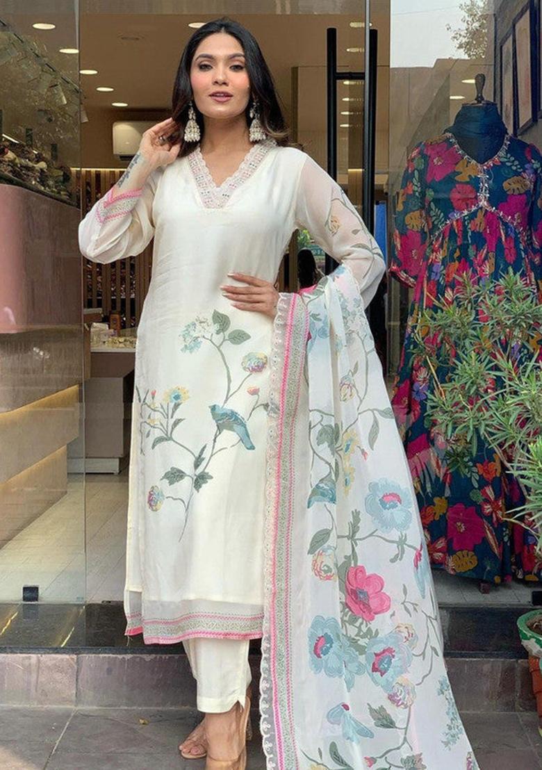 White Embroidered Organza Kurta Set