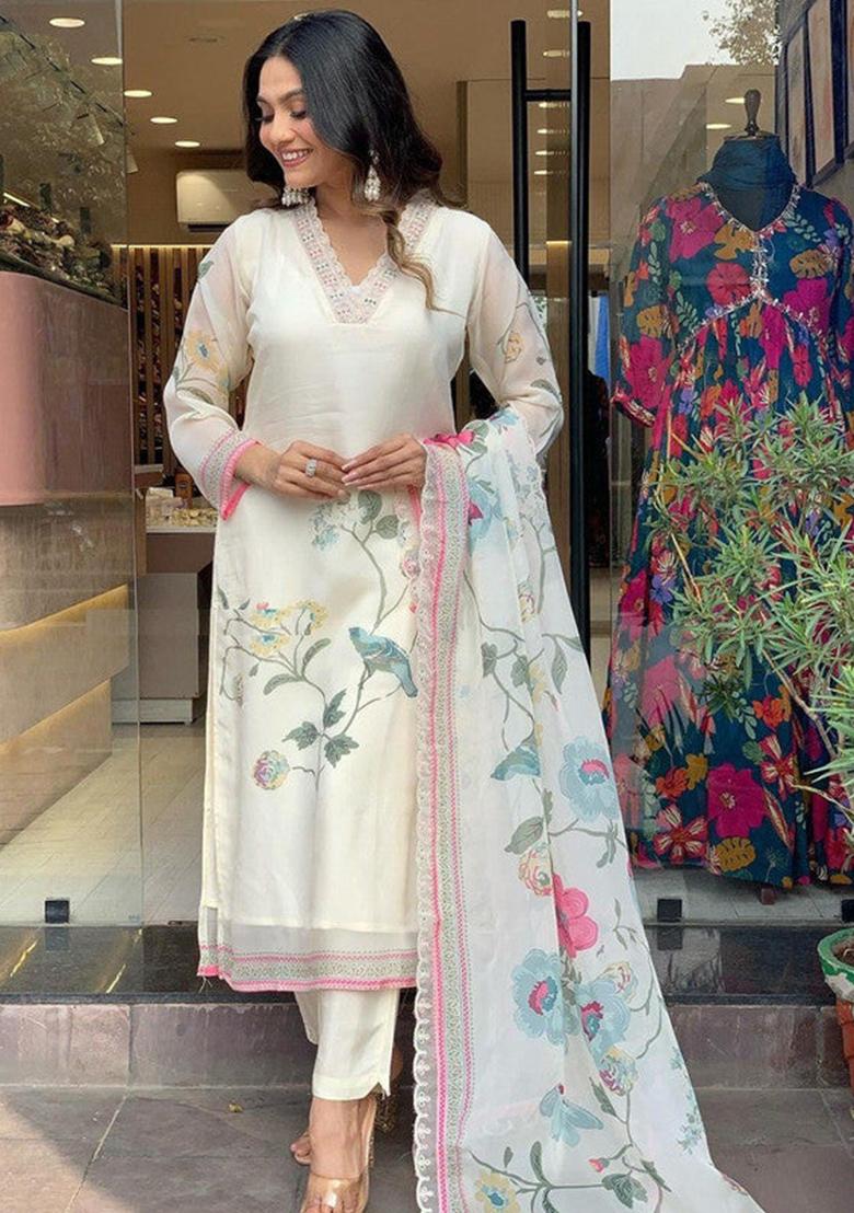 White Embroidered Organza Kurta Set