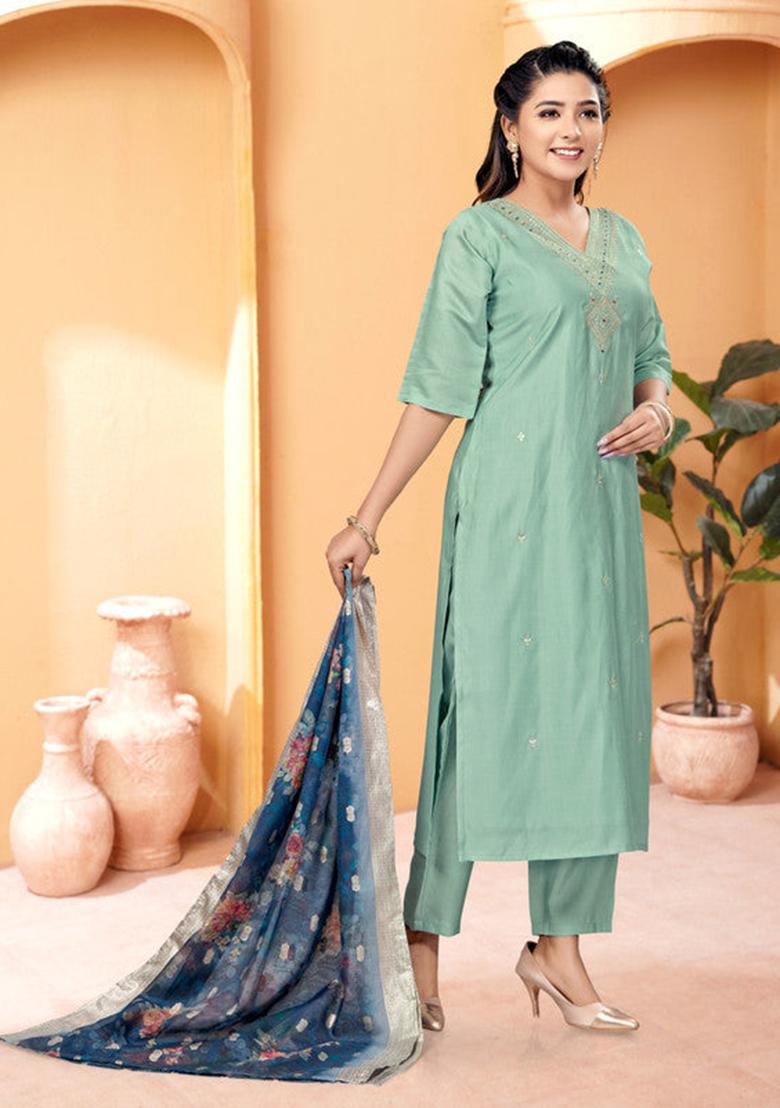 Pista Green Embroidered Viscose Kurta Set