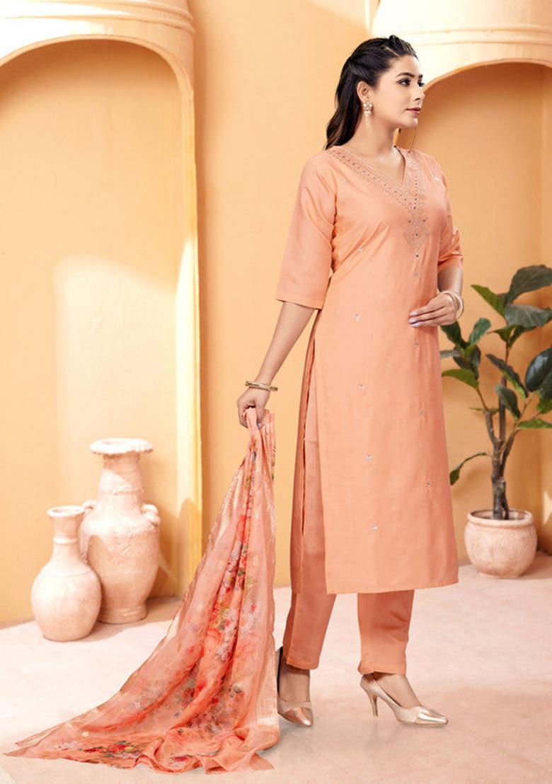 Peach Embroidered Viscose Kurta Set