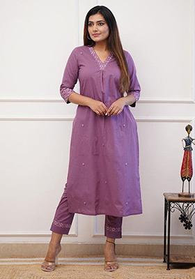 Lavender Embroidered Rayon Kurta Set