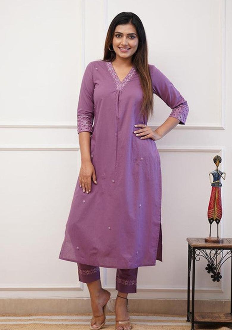 Lavender Embroidered Rayon Kurta Set