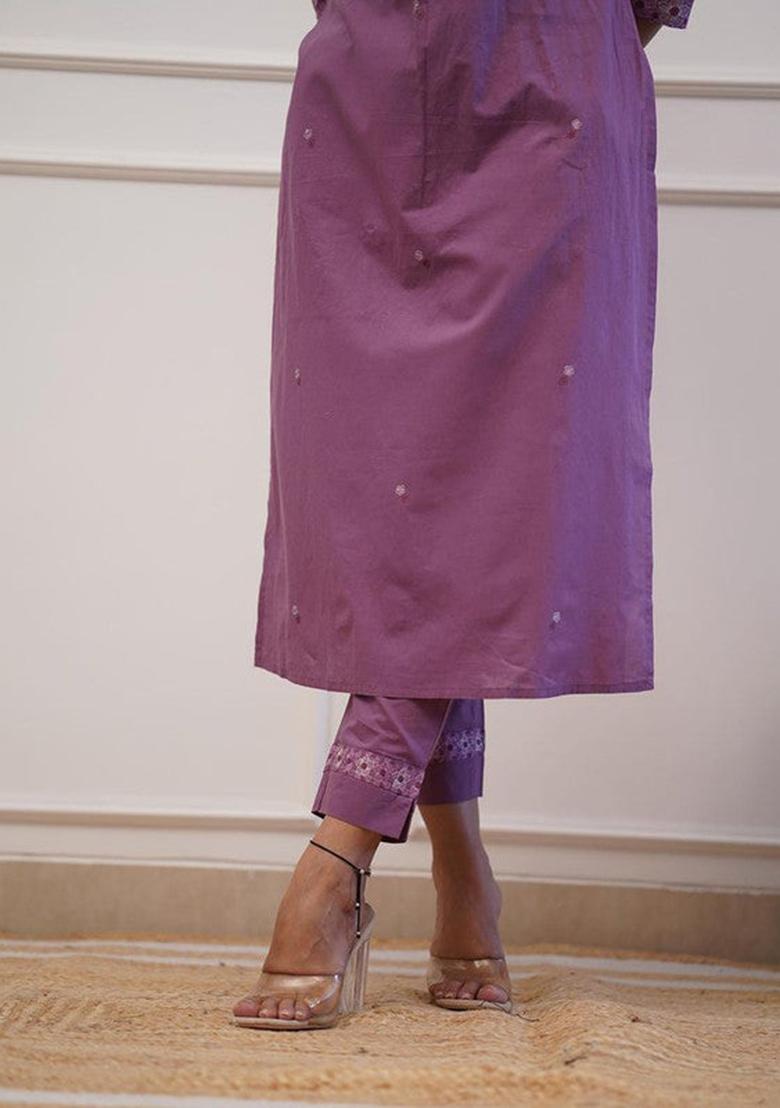 Lavender Embroidered Rayon Kurta Set