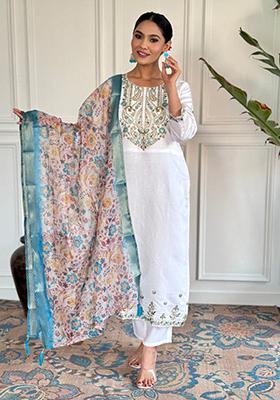 White Embroidered Viscose Kurta Set