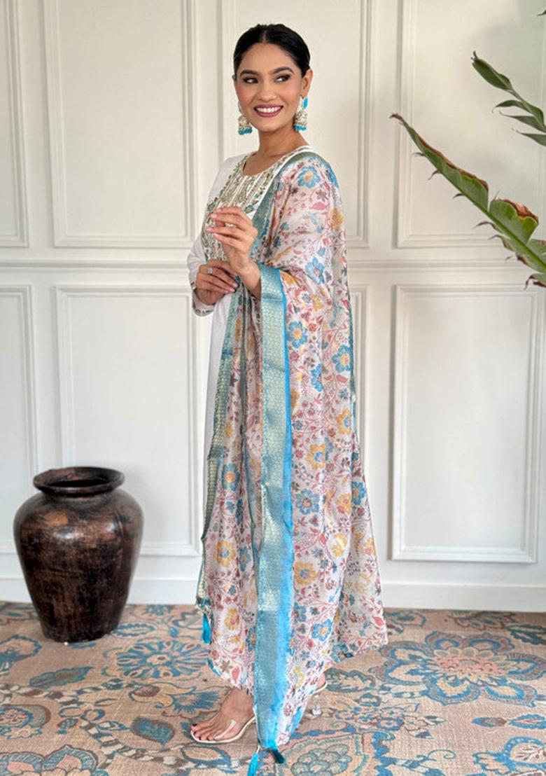 White Embroidered Viscose Kurta Set