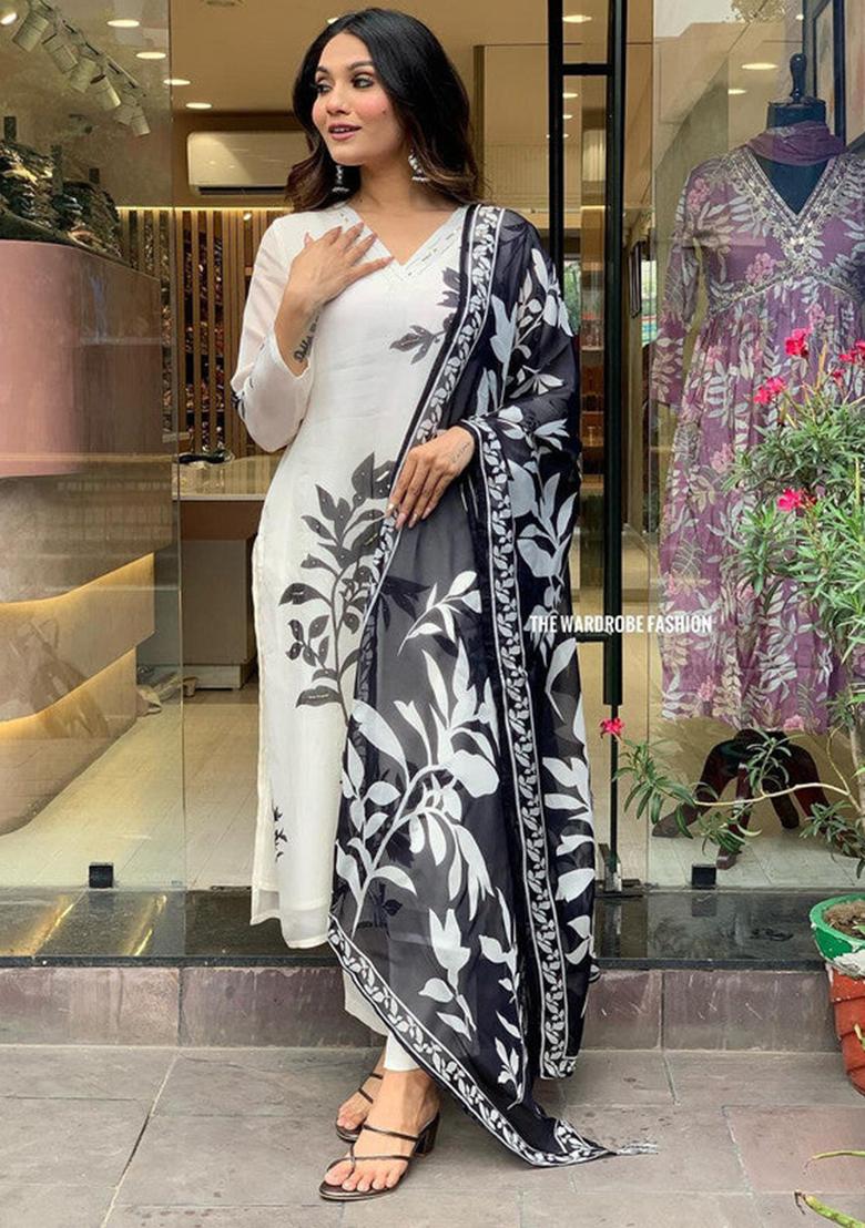 White Embroidered Viscose Kurta Set