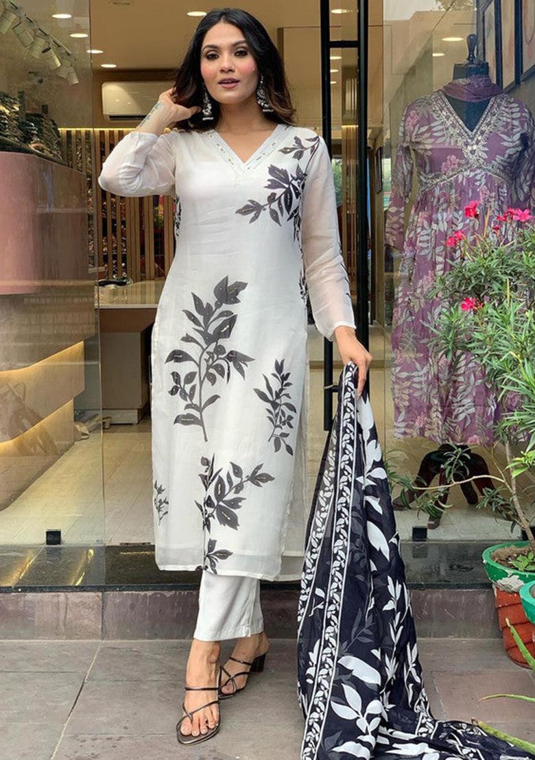 White Embroidered Viscose Kurta Set