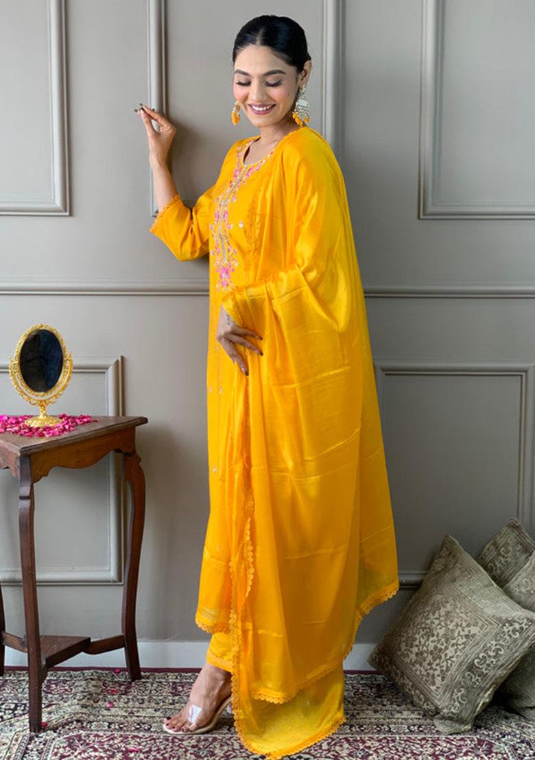 Yellow Embroidered Viscose Kurta Set