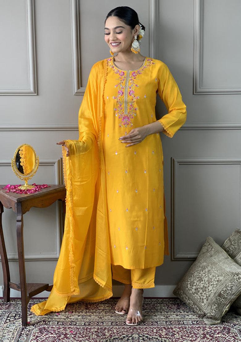 Yellow Embroidered Viscose Kurta Set