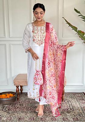 White Embroidered Viscose Kurta Set